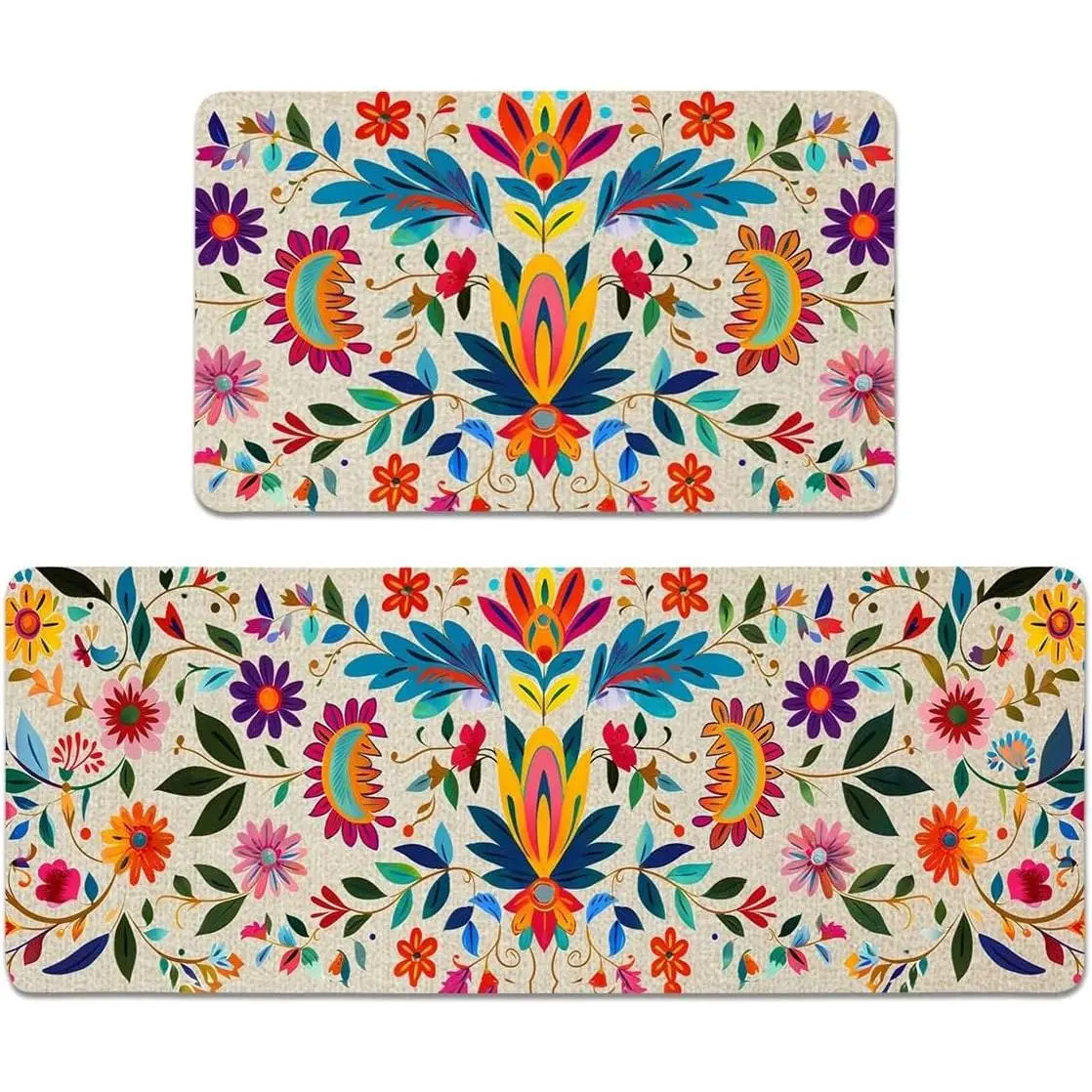 Mexican Floral Kitchen Rugs Set of 2, White | 17" x 29" + 17" x ", Rubber Backing Non Slip, Washable, Cinco De Mayo