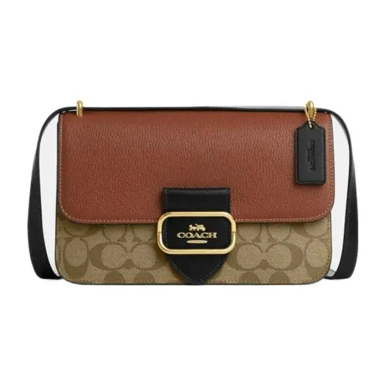 COACH Morgan Square 25 Classic Monogram Flap Top-Handle Crossbody Bag for Women, Khaki and Brown