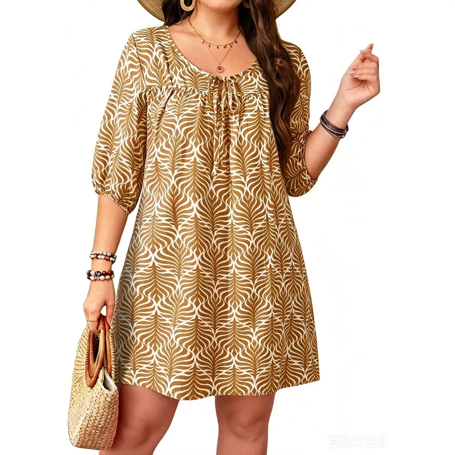 Siddhe Plus-Size Dresses for Curvy Women: 3/4 Sleeve Tie Crew Neck Shift Dress Casual Holiday Boho Mini Sundress(1X-5X)