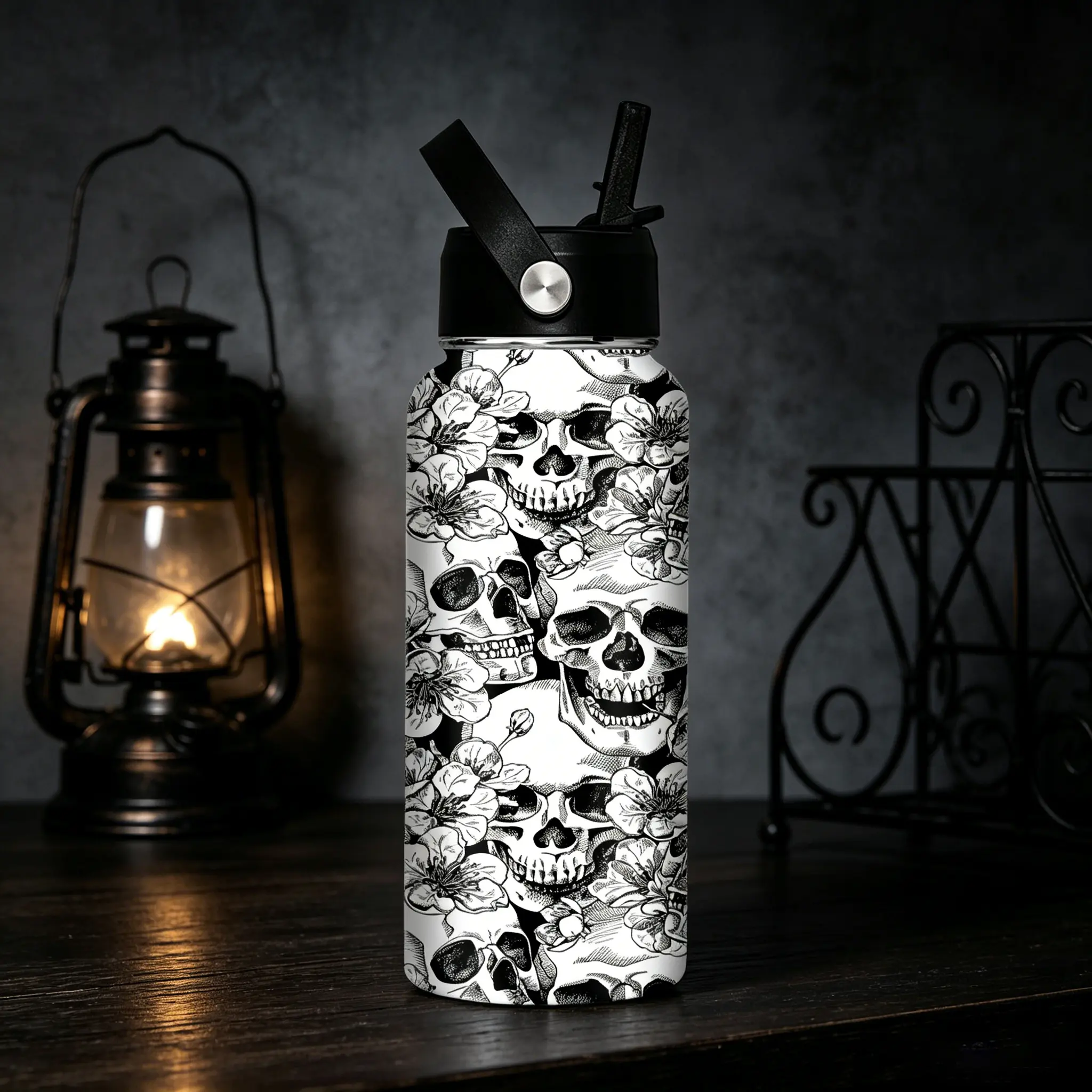 1pc/32oz/950ml/Stainless Steel Insulated Water Bottle,Wide Mouth Vacuum Insulated Bottle,Outdoor Travel Gym Water Bottle,Monochrome skull and floral pattern, Halloween festive design,Warm Gifts For Family And Friends,Summer Party Gifts
