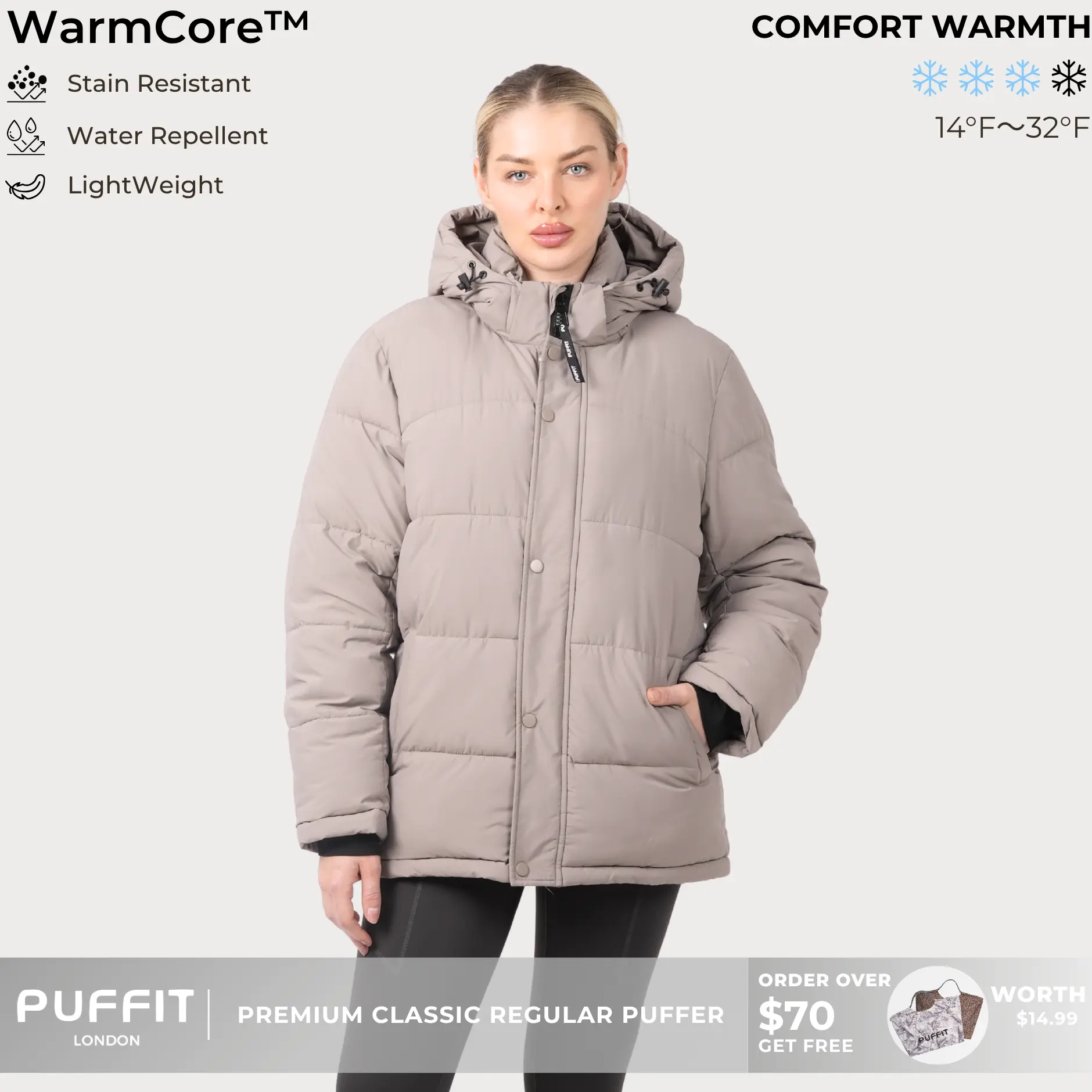 PUFFIT WarmCore Premium Detachable-Hood Puffer Jacket | Classic Lightweight Winter Coat, Windproof, Water-Repellent, Adjustable Drawstring Design, Womenswear, Tops, Outerwear, Long Sleeve