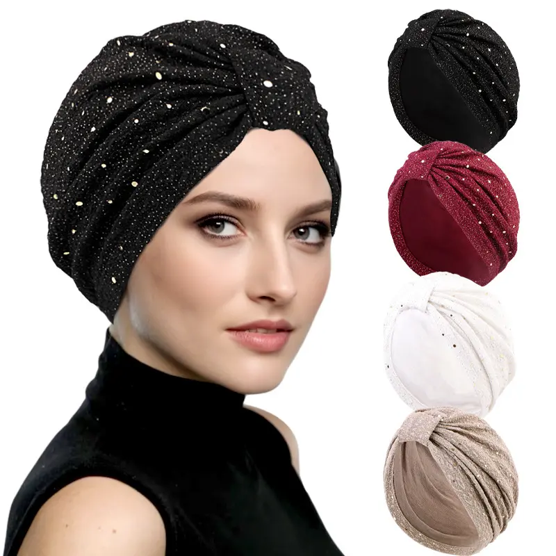 Women's Sparkly Glitter Pleated Turban Beanie - Gold Dot Metallic Twist Front, Slip On, Full Hair Coverage Sporty Sports Headbands for Evening Party, Daily Wear