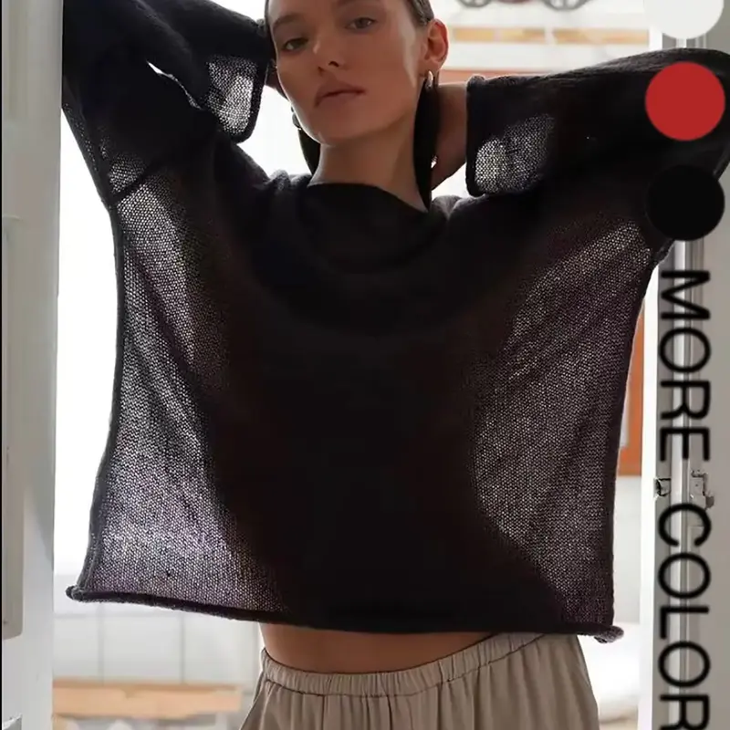 【Black Friday】Women's Hollow Out Knit Sweater, Spring & Summer New Arrivals, Thin Round Neck Flare Sleeve Loose Fit Long Sleeve Top, Comfortable Breathable Knitwear