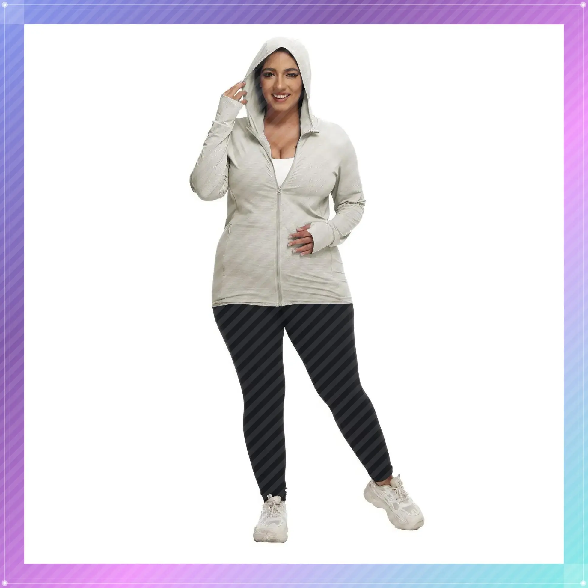 Plus Size Solid Sun Protection & Breathable Hooded Jacket, Women's Plus Size Zip Up Hooded Jacket, Ladies Sportswear for Outdoor Activities, Women Workout Clothes, Athletic Outerwear, Lightweight Sports JacketGift