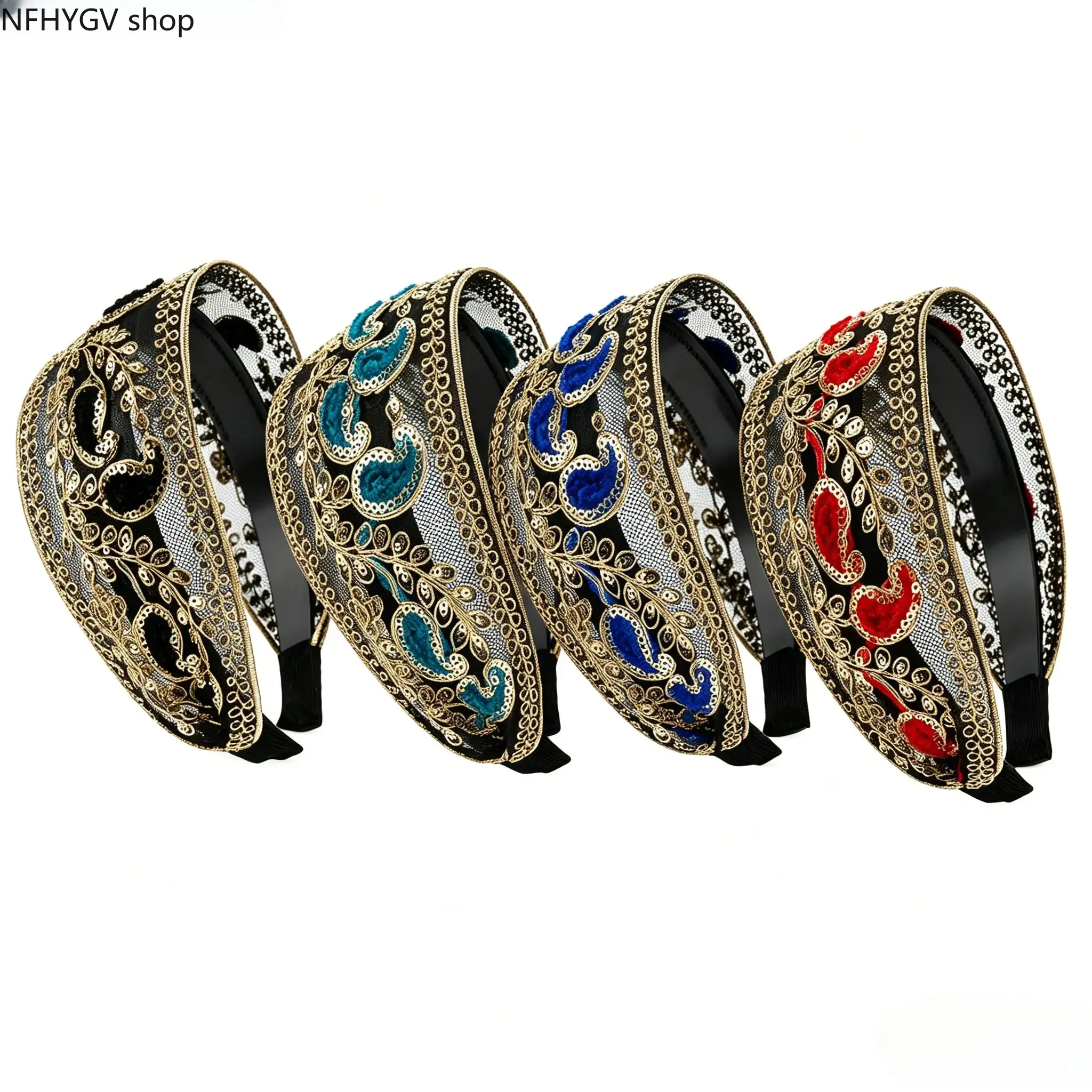 Boho Wide Fashion Headbands For Women, Hair Bands Decorated With Gold Floral Embroidery And Lace Detail, Anti-Slip Hair Accessories For Everyday Wear And Party Styling