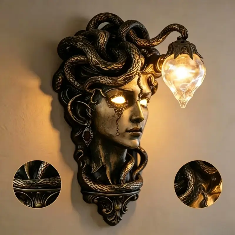 Medusa Wall Lamp Gothic Resin Wall Sconce, Greek Mythology Gorgon Decorative Wall Light, Spooky Ambient Lighting for Halloween Bar Gothic Home Decor Ornament, Indoor Wall Light, Ambient Glow Light