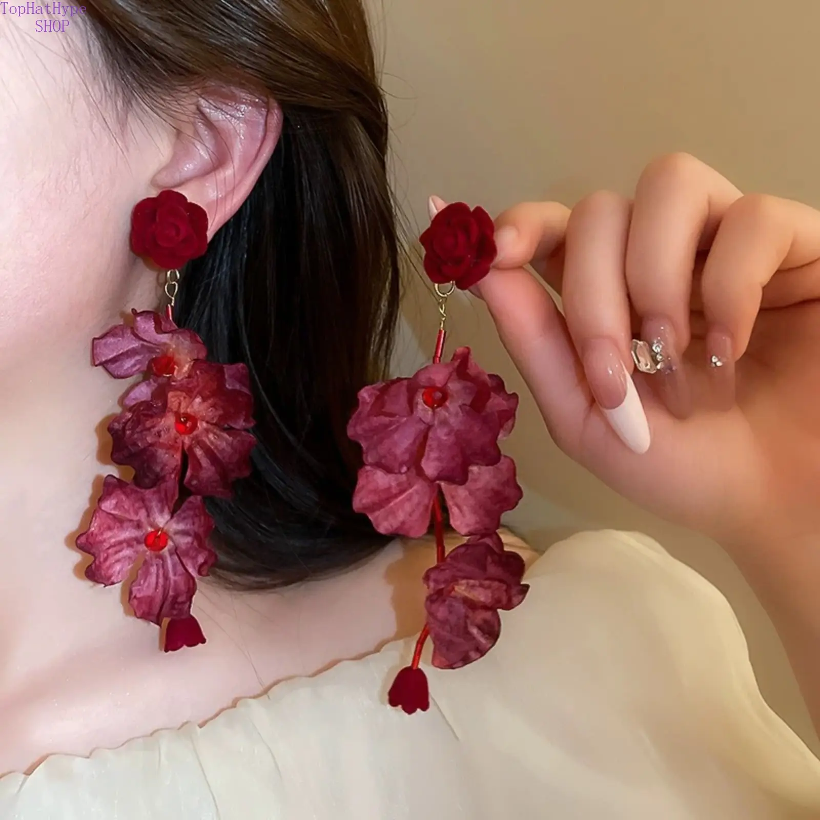 Vintage Hong Kong Style Flocking Rose Tassel Drop Earrings, Exaggerated Dried Petal Long Statement Ear Jewelry for Women