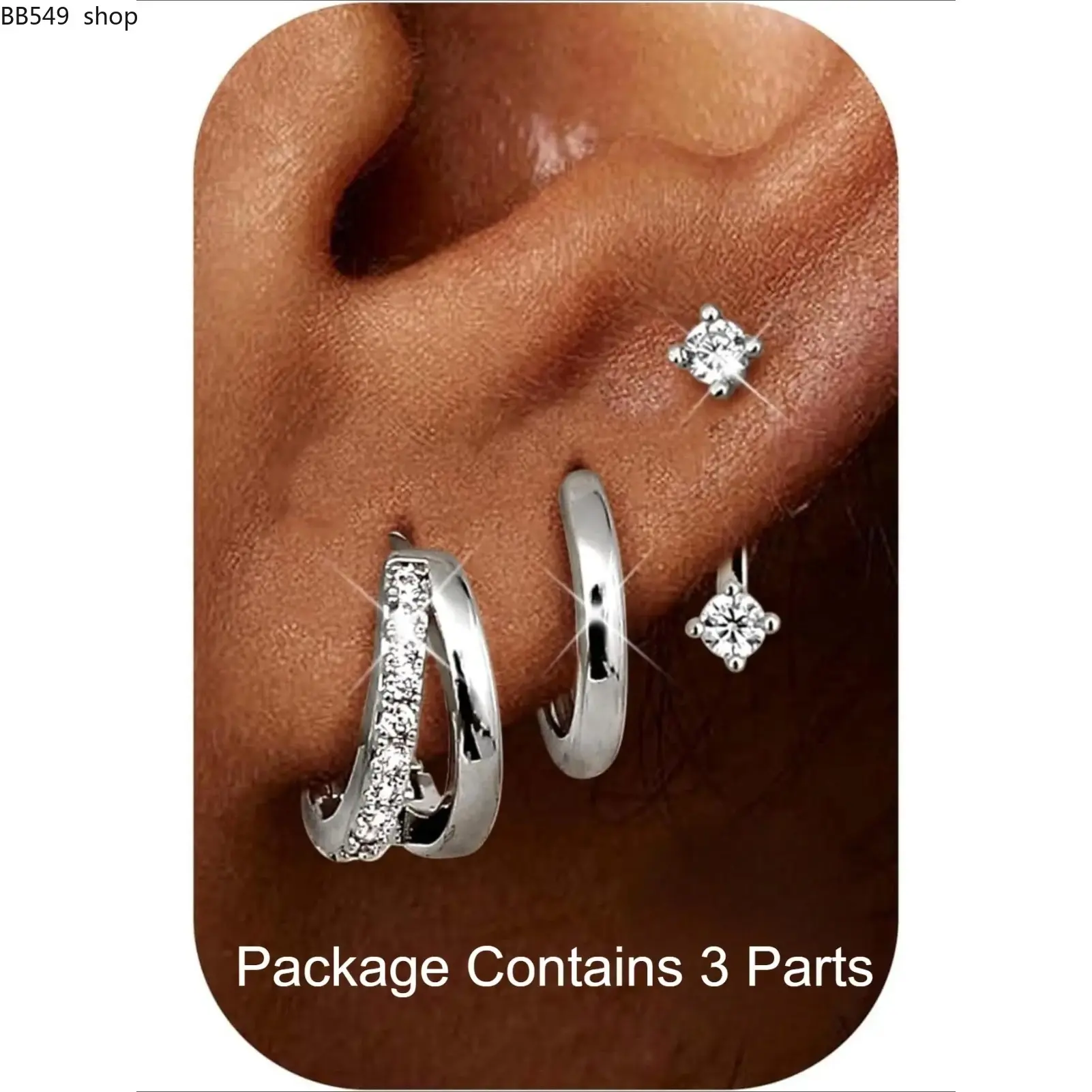 3 Pairs Stud Hoop Earrings for Women, 14k Hypoallergenic, Cubic Zirconia, Silver Color, Multiple Piercings, Casual Style, Cz Earrings