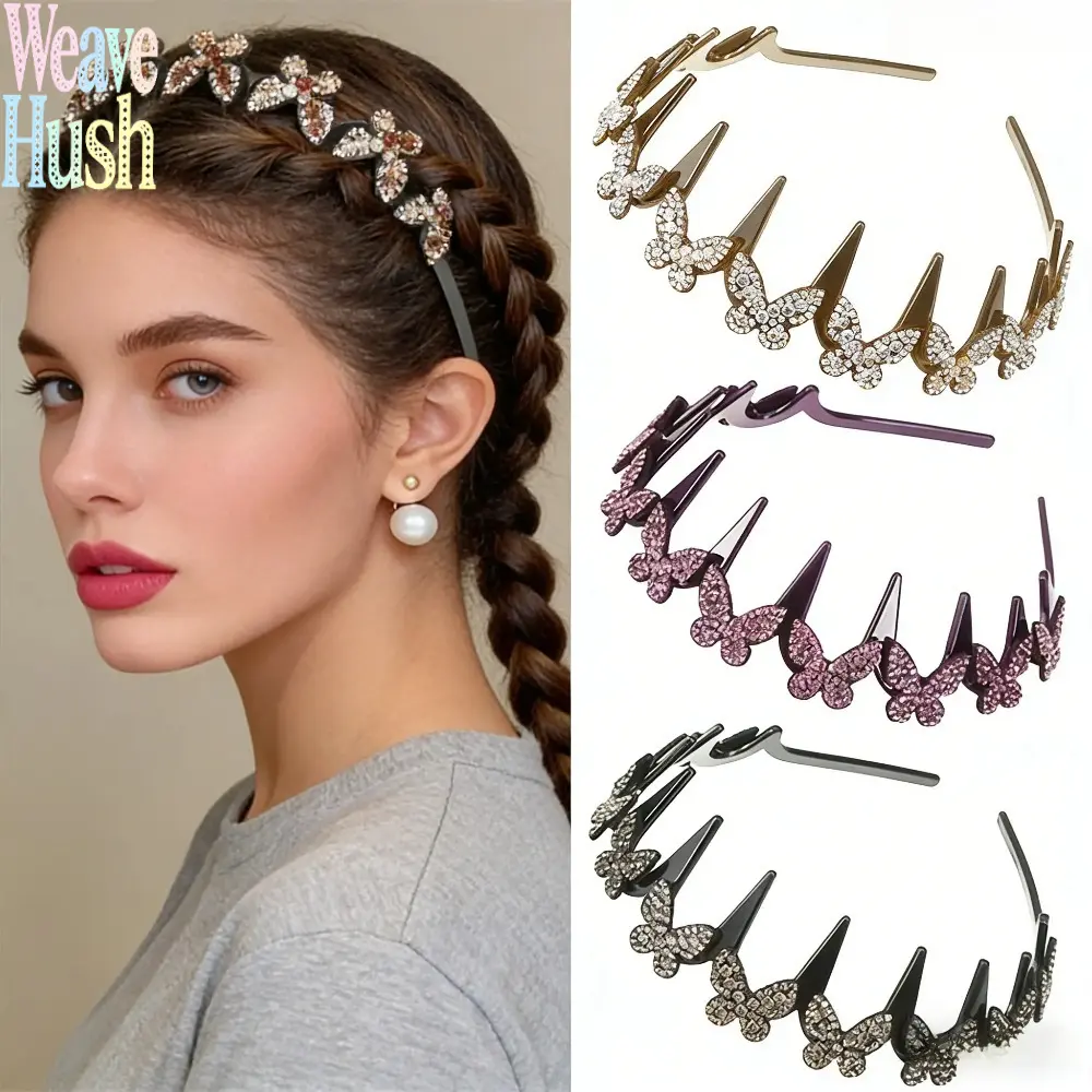 Women's Elegant Wavy Headband - Non-Slip Butterfly Crystal Decor, Lightweight Durable Plastic Hair Accessory, Comfortable for Everyday Wear, Weddings, All-Season Styling