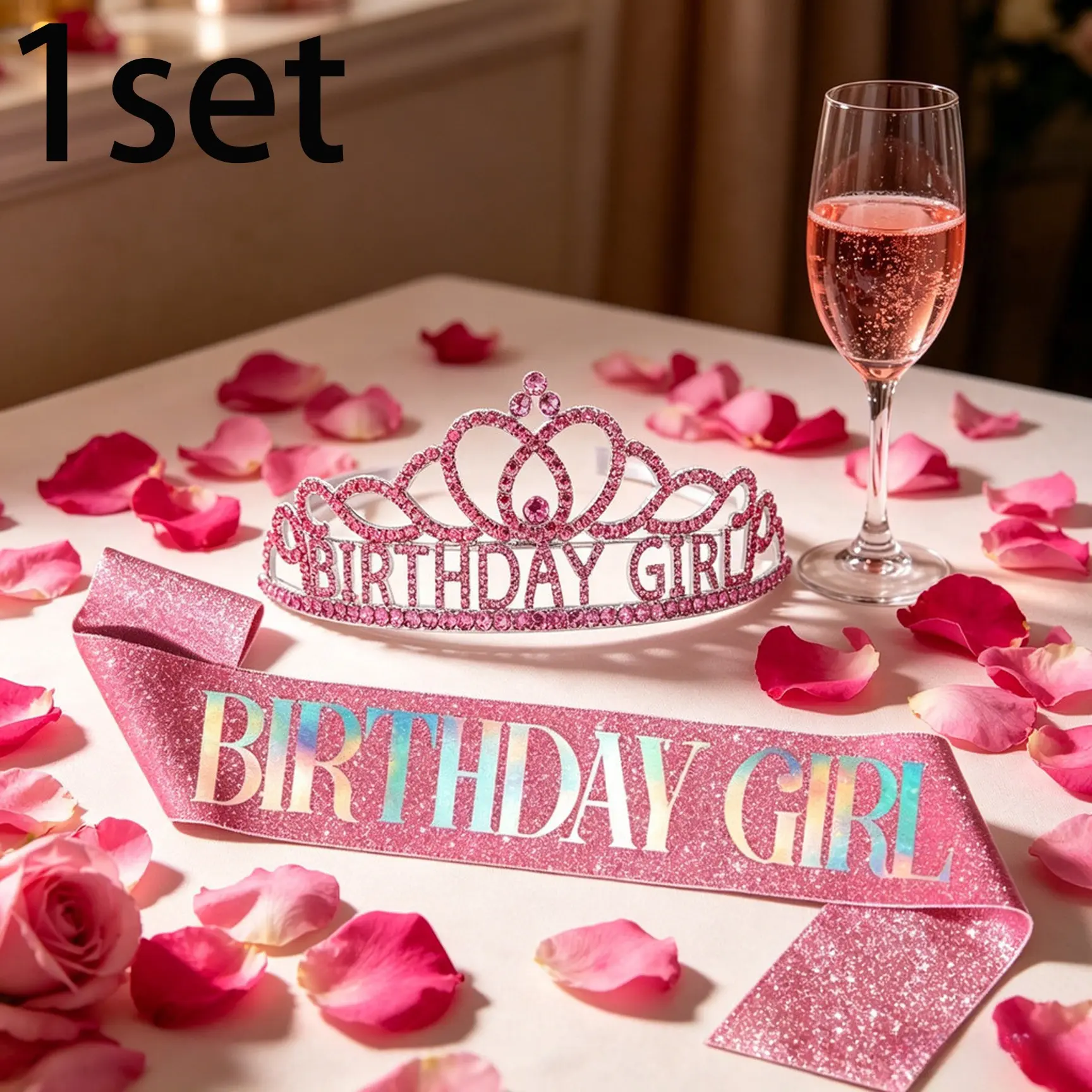 1set Sparkling Rhinestone Birthday Tiara with Iridescent Glitter Sash, Birthday Girl Party Accessory Set, Photo Props Decor for Girls Birthday