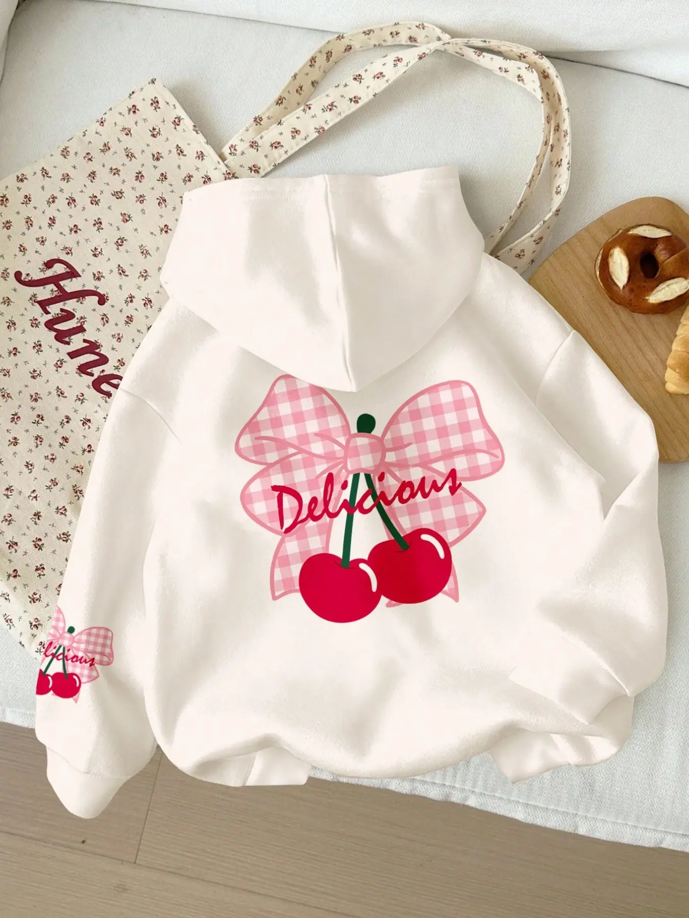 Sweet Cherry Bow Girls' Hoodie, Grid Print Loose Long Sleeve Pullover, Spring & Fall Casual Kids' Clothing, Cute and Comfortable