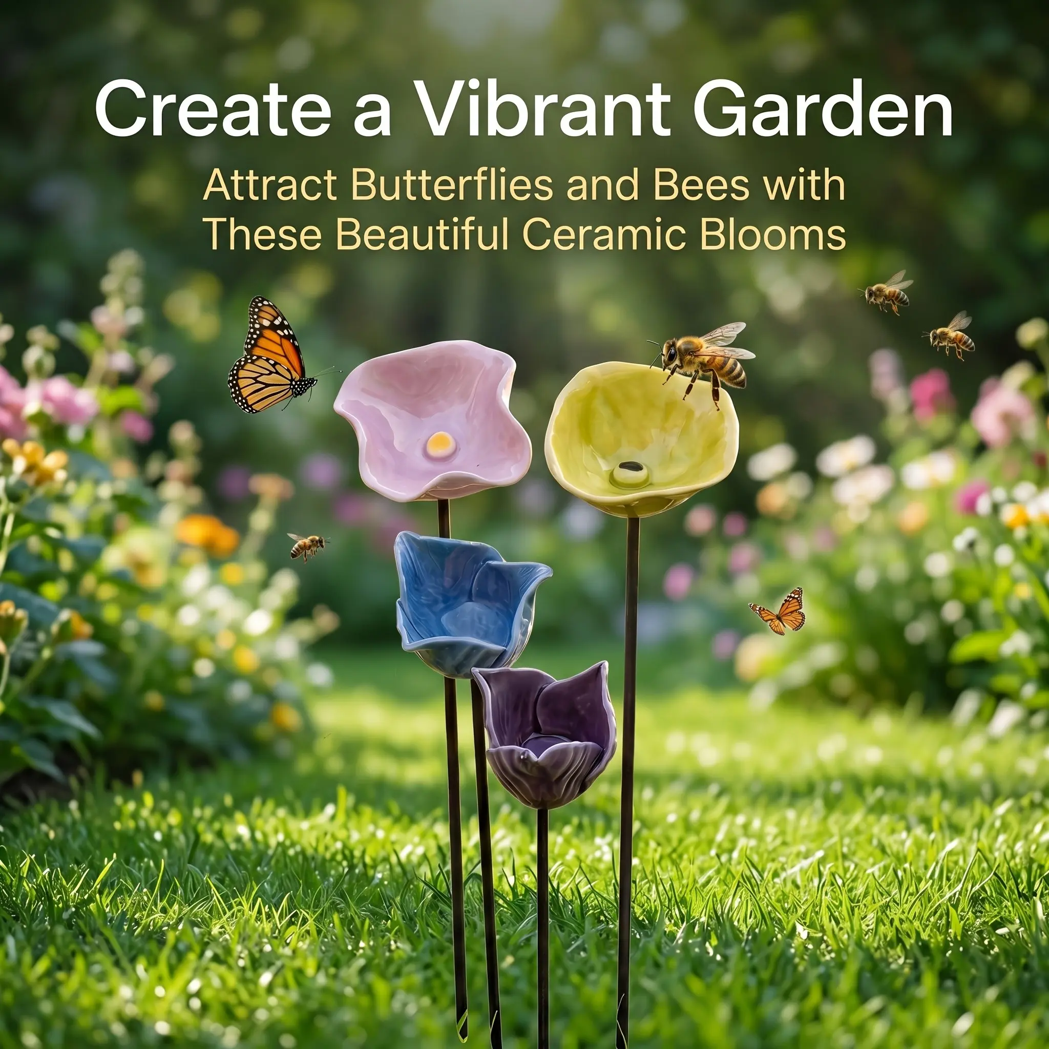 4pc Set of Colorful Irregular Ceramic Flowers, garden art decorations, garden sculptures, suitable for indoor decor, home courtyards, garden patios, and porches—the perfect gift for nature lovers, outdoor garden accessories