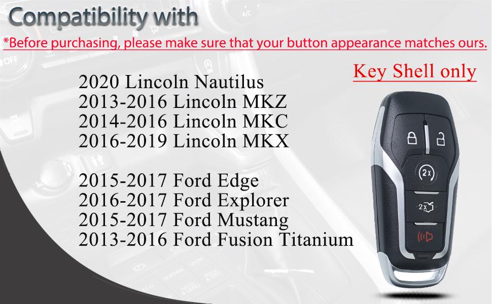 Key Fob Shell Case Replacement Fits for Ford Mustang Fusion Edge Explorer F150 F250 F350 Lincoln MKZ MKX MKC 2014-2017 Keyless Entry Remote Control 5 Button Pad Cover M3N-A2C31243300