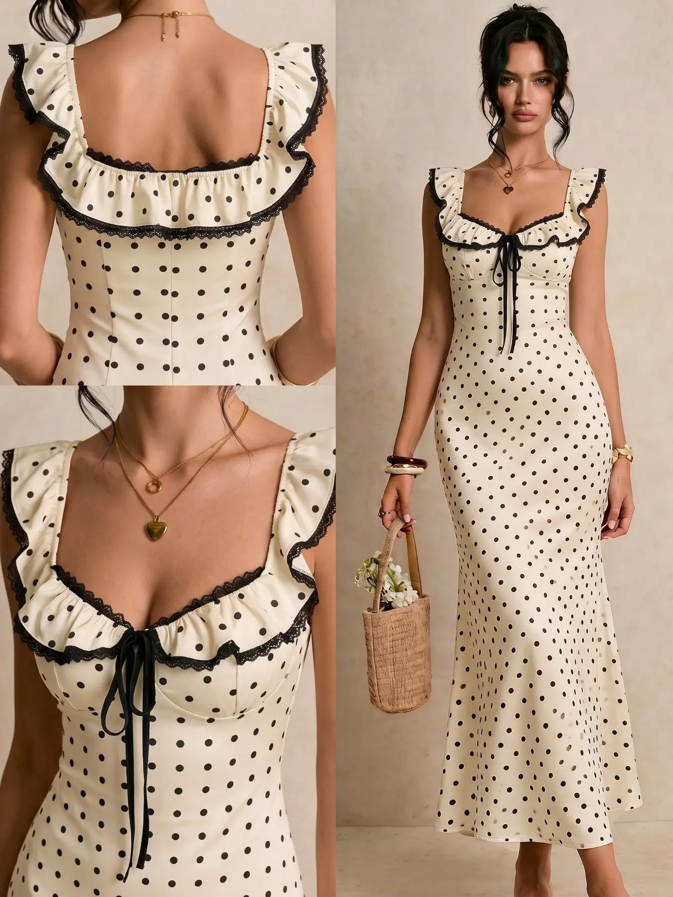 Polka Dot Lace Trim Ruffled Midi Dress Women Square Neck Ruffle Shoulder Front Tie Slim Waist Bodycon Mermaid Hem Sundress Vintage Retro Dot Long Gown Cottagecore Beach Vacation Party Summer Dress #polkadotdress #vintagedress #cottagecore #vacationdress