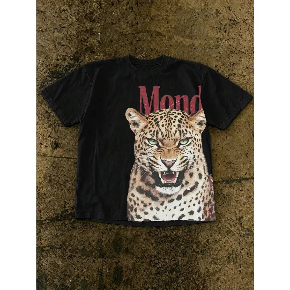 Vintage Roaring Leopard Red Letter Graphic T-Shirt Wild Animal Street Black Oversized Short Sleeve Tee 100% Cotton Unisex