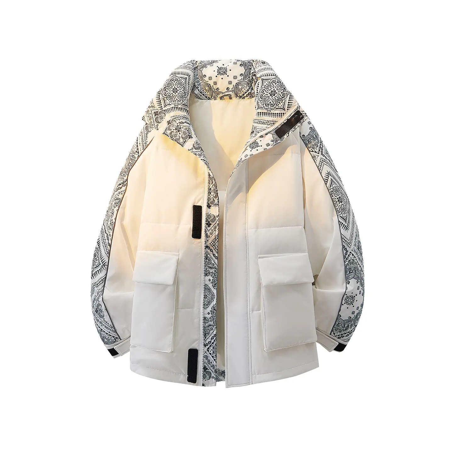 Men's Bandana Paisley Print Puffer Jacket Winter Thick Warm Parka Stand Collar Sleeve Pattern Panel Flap Cargo Pockets Windproof Coat Male Clothing cozy soft cool clean chic active sporty casual premium classic stylish durable trendy relaxed vibe 2-Colors