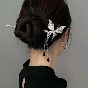 Chinese Style Moonstone Hair Sticks for Women Retro Liquid Metal Butterfly Hairpin Disk Hairsticks Chopsticks Hair Accessories