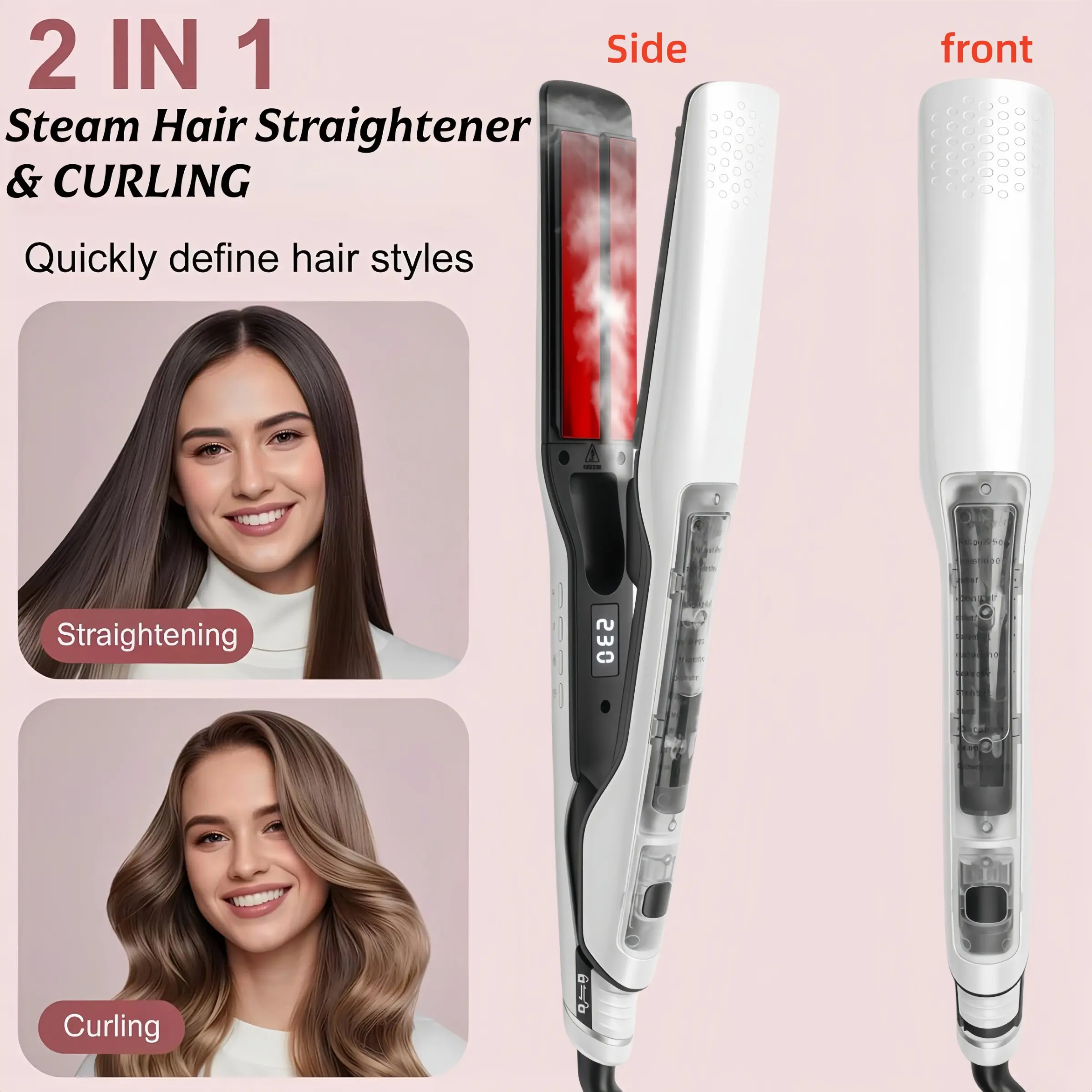 1PC Fast heating dual voltage steam curling iron, straightener, Multifunctional hair straightener, 2-in-1 ceramic wide plate steam flat iron, with LCD display, 14 adjustable temperature settings, water tank hair care steam, anti-scald design