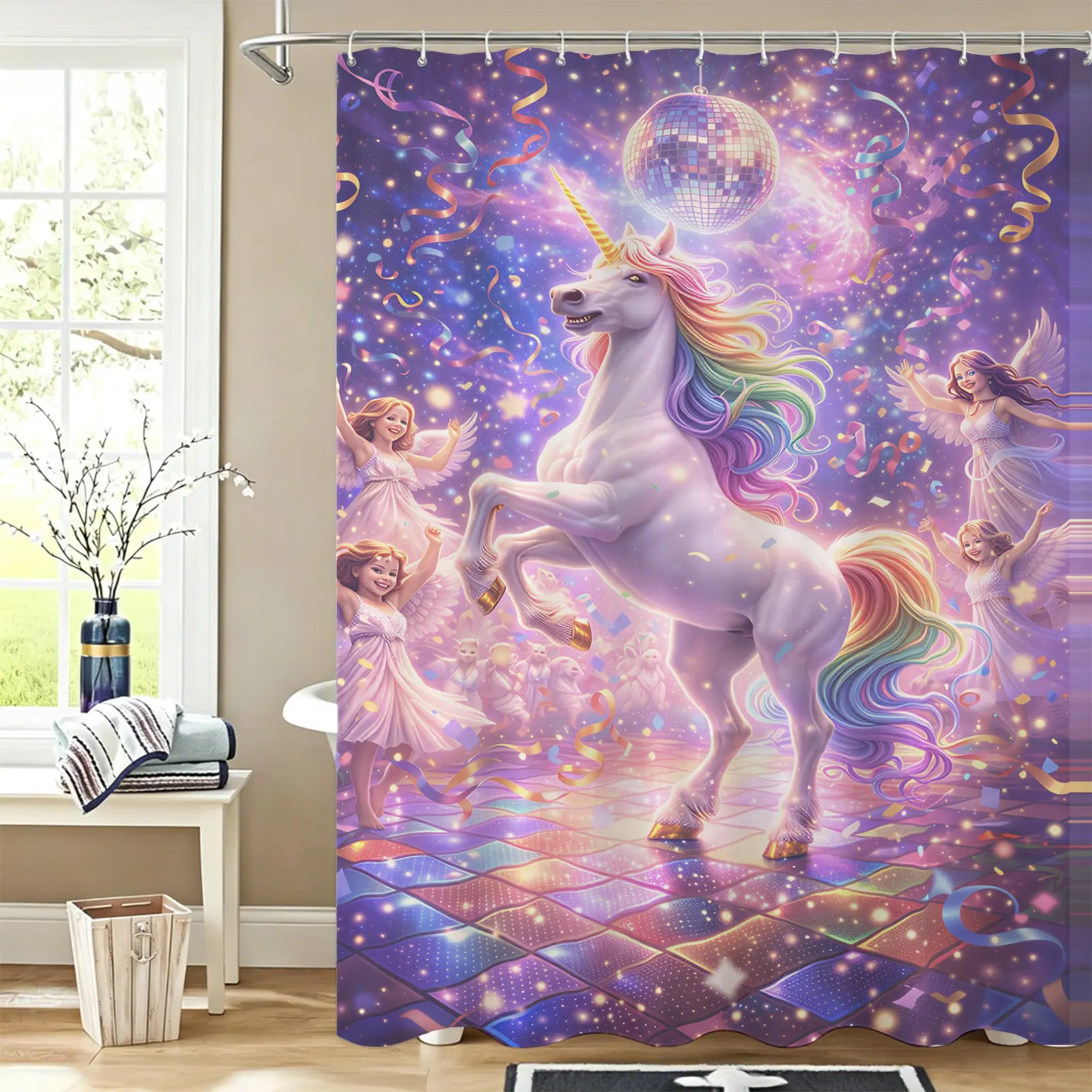 Disco Cartoon Unicorn Waterproof Shower Curtain,Rainbow Gradient Mane Print,With 12 Hooks,Bathroom Dry‑wet Separation,Back‑to‑School Gift,Multi‑color Available