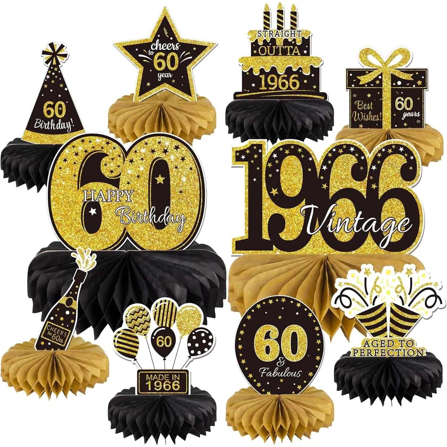 10PCS 60th Birthday Decorations Centerpieces for Table Decorations, 2026 Vintage 1966 Honeycomb Table Topper Back in 1966 Birthday Party Decoration for Men and Women (Gold & Black, 60 Years)