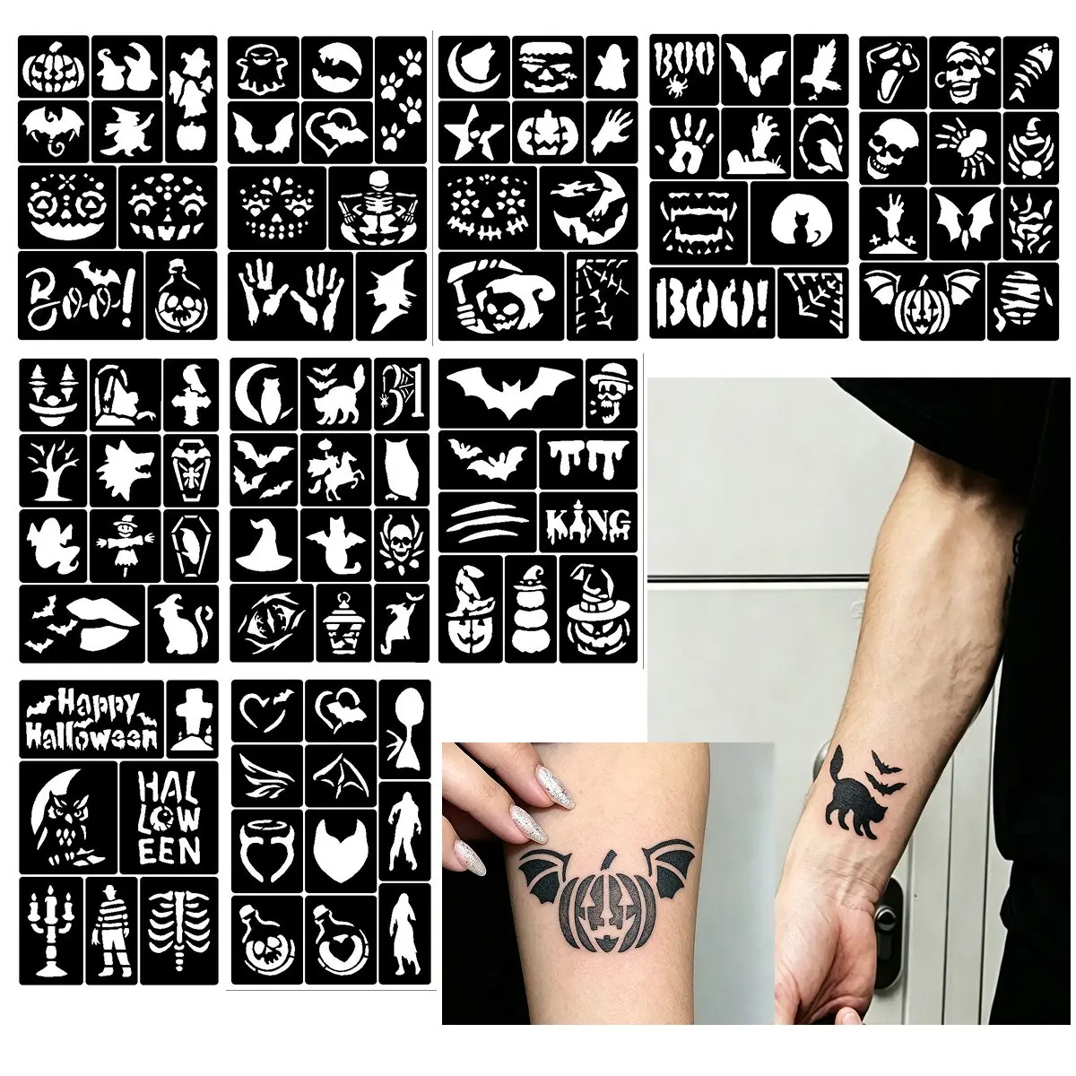 10 A5 Halloween Cutout Tattoo Templates, DIY Body Art Stickers for Arms, Shoulders, Hands, Party and Festival Makeup Essentials, DIY Tattoos, Tattoo Stencils