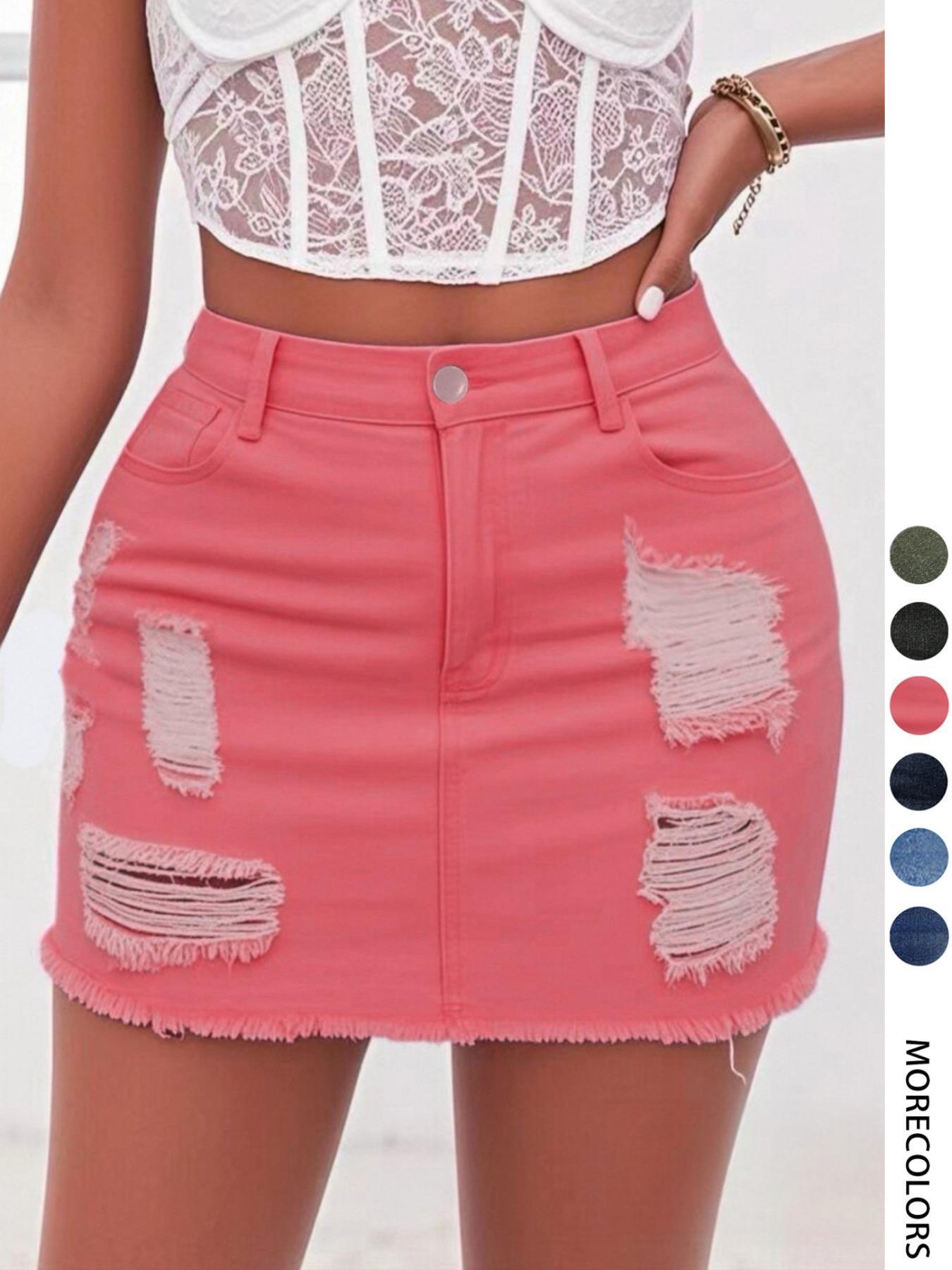Women's Distressed Fit Denim Skirt, Fashion Casual Ripped Short Skirt with Button for Daily Outdoor Wear, Micro Skirt, Ladies Bottoms for Summer