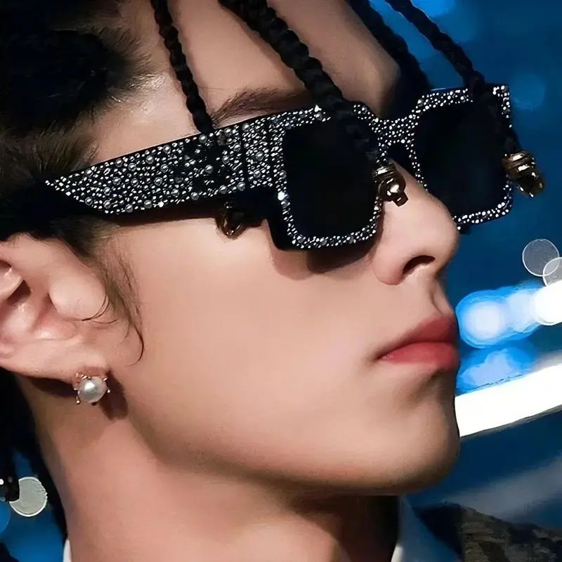 Fashionable Square Men And Women Diamond Studded High-End Sunglasses, Nightclub Trampoline Sunglasses, Trendy Sunglasses