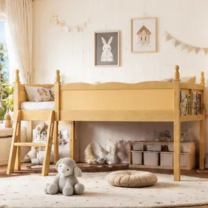 ARCH Full Size Low Loft Bed with Full-Length Guardrails and Bookshelf, Solid Wood MDF Pine Plywood Natural Finish, Low Profile Design with Ladder, Space-Saving Bed Frame for Kids Teens Bedroom, No Box Spring Needed, Full Size Options