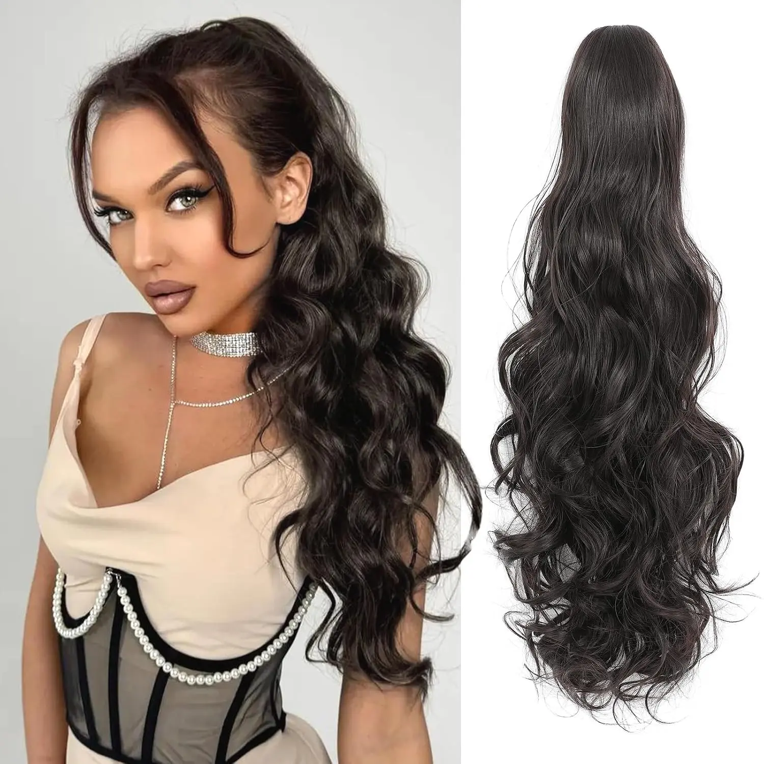 24" Ponytail Extension, Long Curly Wavy Claw Clip and -Looking Synthetic Hairpiece, Voluminous Pony TailHair Extensions for Women Daily Wear. (Dark Brown, 24Inch)