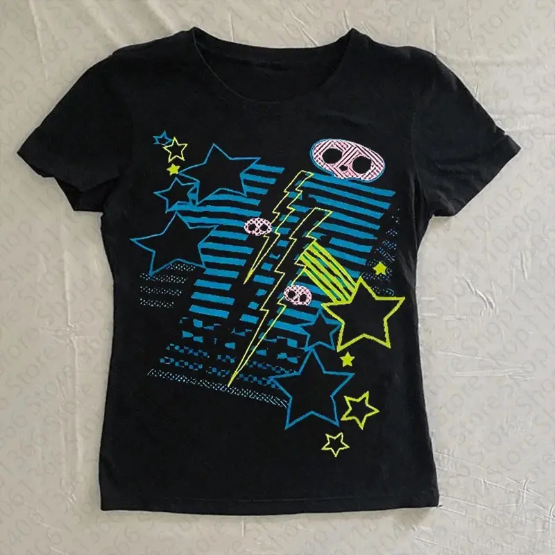 Women Y2K 90s Vintage Gothic Emo Anime Girl Print Baby Tee, 2000s Trashy Aesthetic Streetwear Short Sleeve Tops