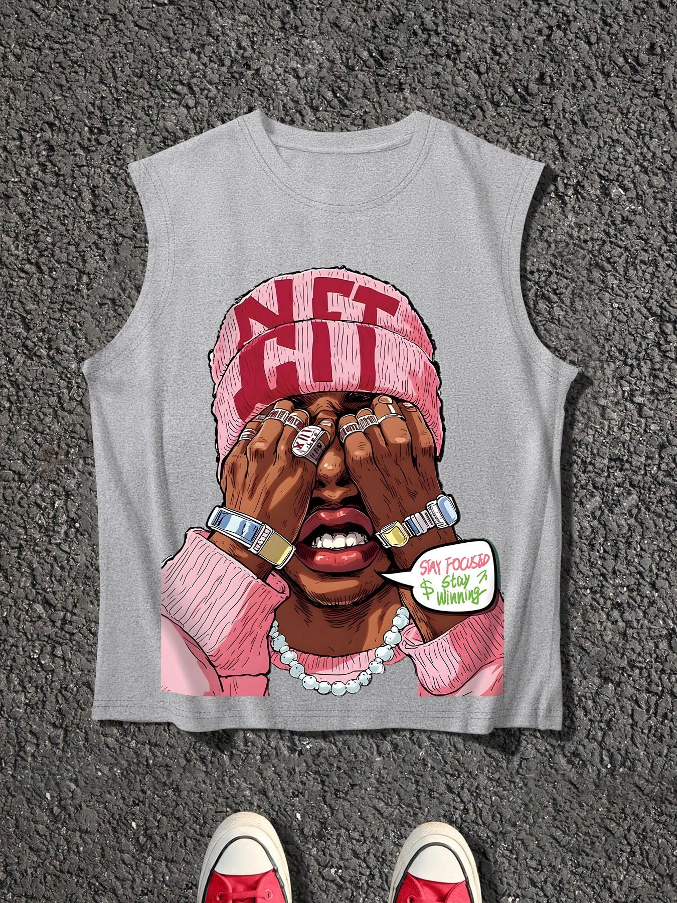 Men's Cartoon Face Print Tank Top, Loose Casual Sleeveless Round Neck Vest for Summer, Men's Top for Daily Wear, Socks