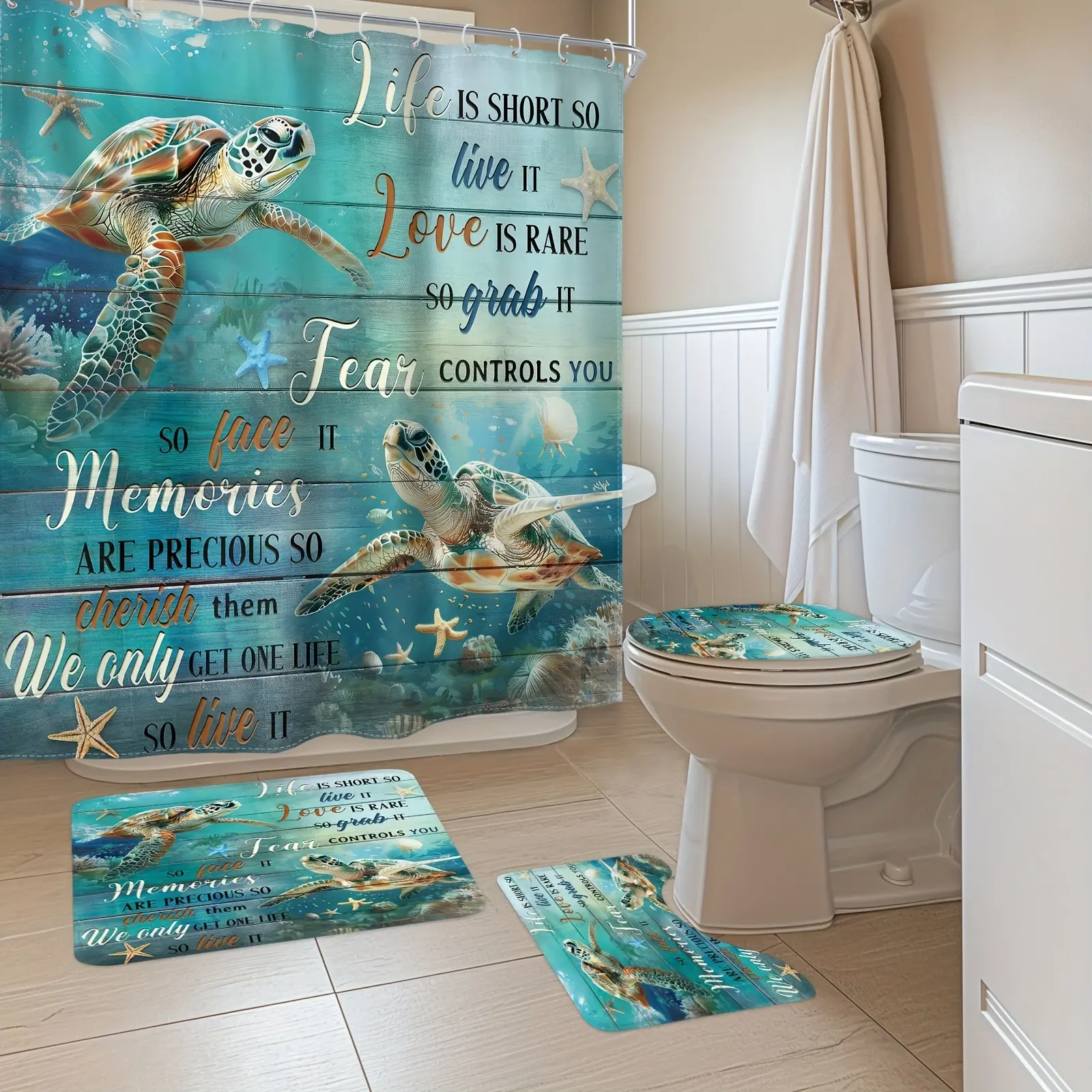 4PCS - Turtle Positive Quotes Shower Curtain Set with 12 Hooks, Bathroom Non-Slip Floor Mats, Toilet U-Shaped Mats, Cover Mats, Ocean Underwater Creatures Starfish Shells Inspirational Quotes Modern Bathroom Home Decor Accessories