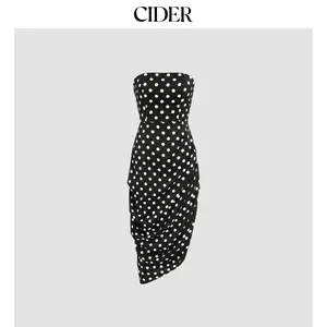 Cider [size 0-10] Spot Asymmetrical Hem Ruched Tube Midi Dress Dealsforyou