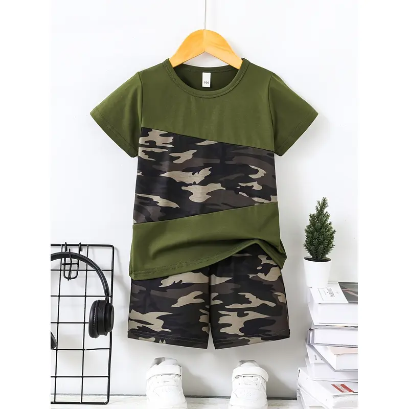 Boys' camouflage patchwork short-sleeve shorts set
