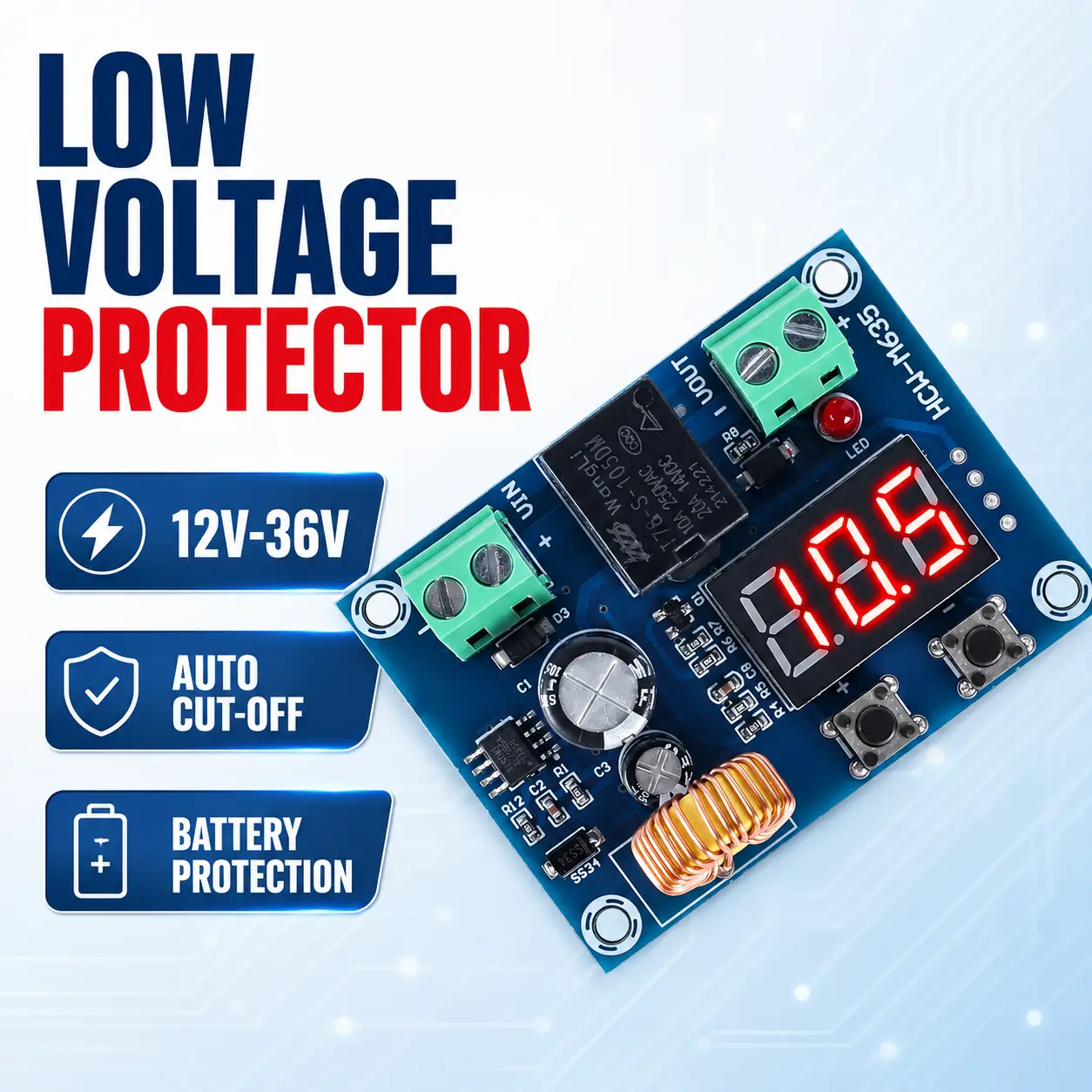 Digital Battery Low Voltage Protection Switch for 12V–36V Systems, No-Solder Automatic Cut-Off Module for Over-Discharge Prevention, Solar Lighting, Camper, RV & Backup Power Applications