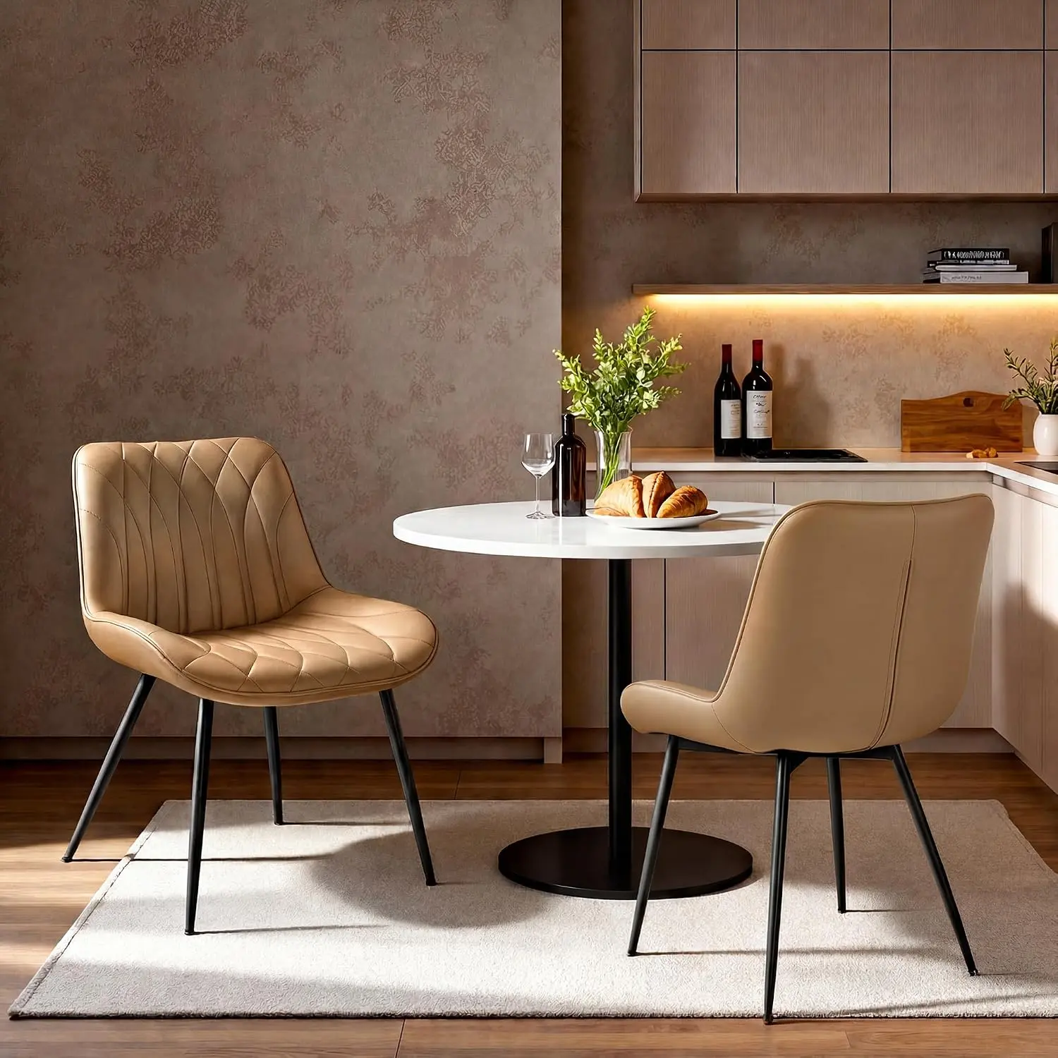 Faux Leather Dining Chairs Set of 2, Upholstered Dining Chairs with Steel Legs, Curved Backrest for Dining Room