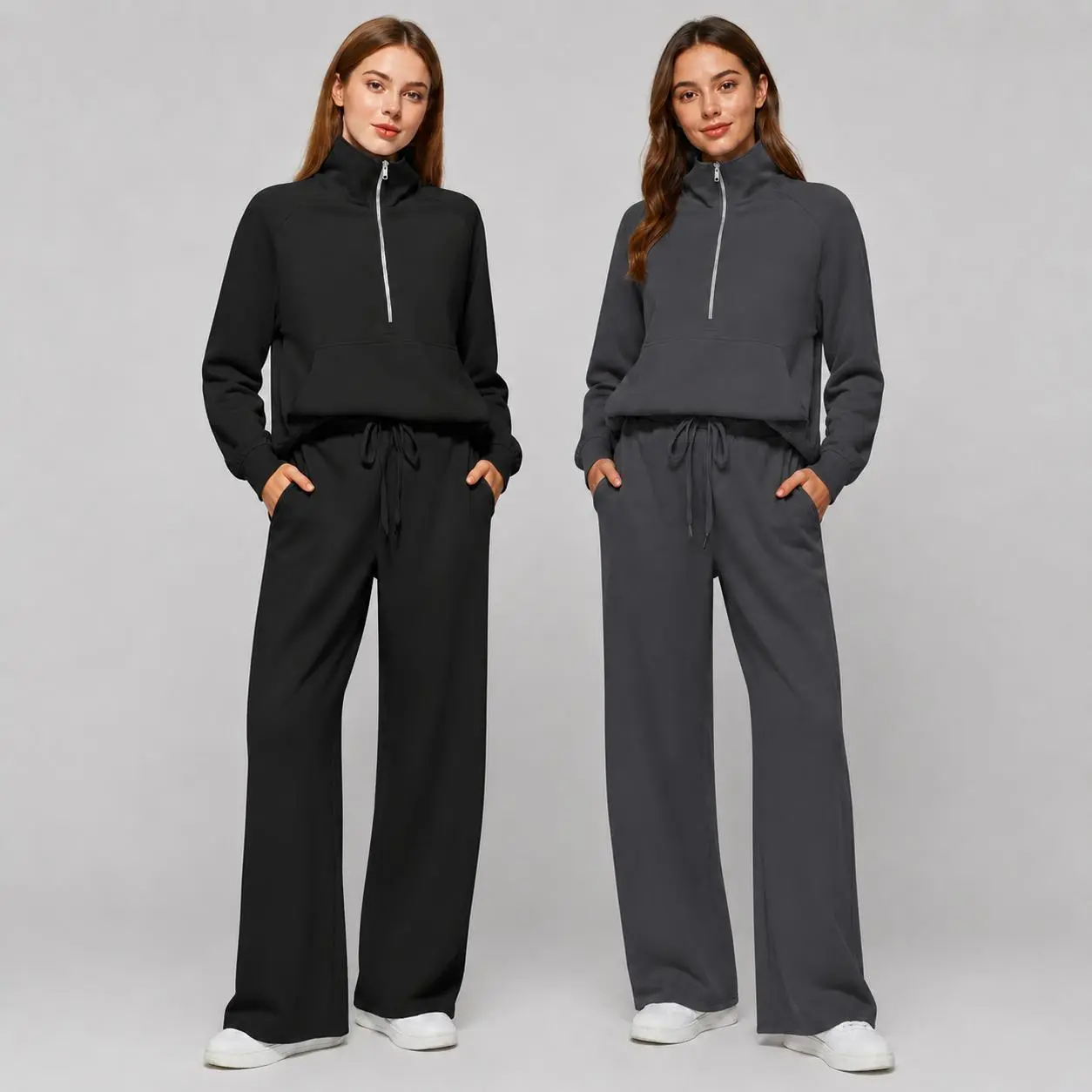 Womens Casual Plus Size Two Piece Outfit Lightweight Half Zip Sweatshirt with Wide Leg Sweatpants Relaxed Matching Lounge Tracksuit for Spring Fall Travel
