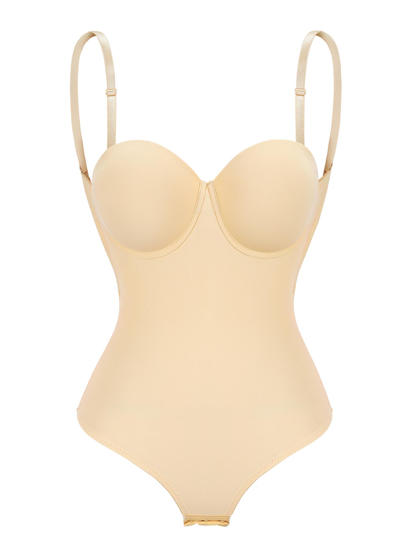 Women's Solid Backless Hook Eye Design Shapewear Bodysuit, Adjustable Strap Hollow Out Padded Bodysuit, Smooth High Stretch Fit Tummy Control Shaper for Daily Wear