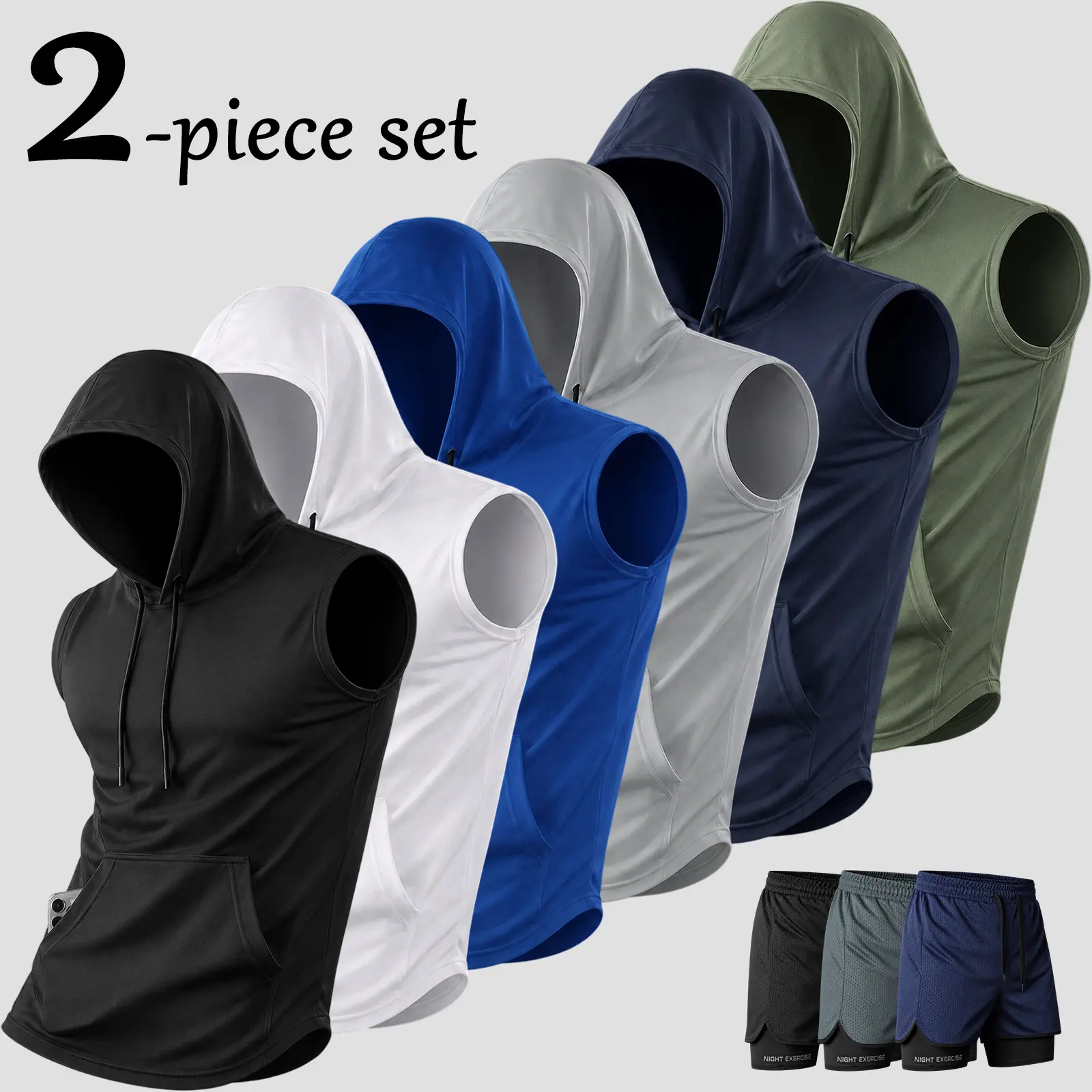 GYM VIBE Men's 2-Piece Athletic Hooded Tank & Drawstring Shorts Set - 100% Polyester, Lightweight, Ultra-Thin, Breathable, Micro-Stretch Sleeveless Hoodie, Double Layer Mesh Shorts, Machine Wash Casual Activewear Tracksuit, Men's 2 Piece Sets, 2 Piece Men