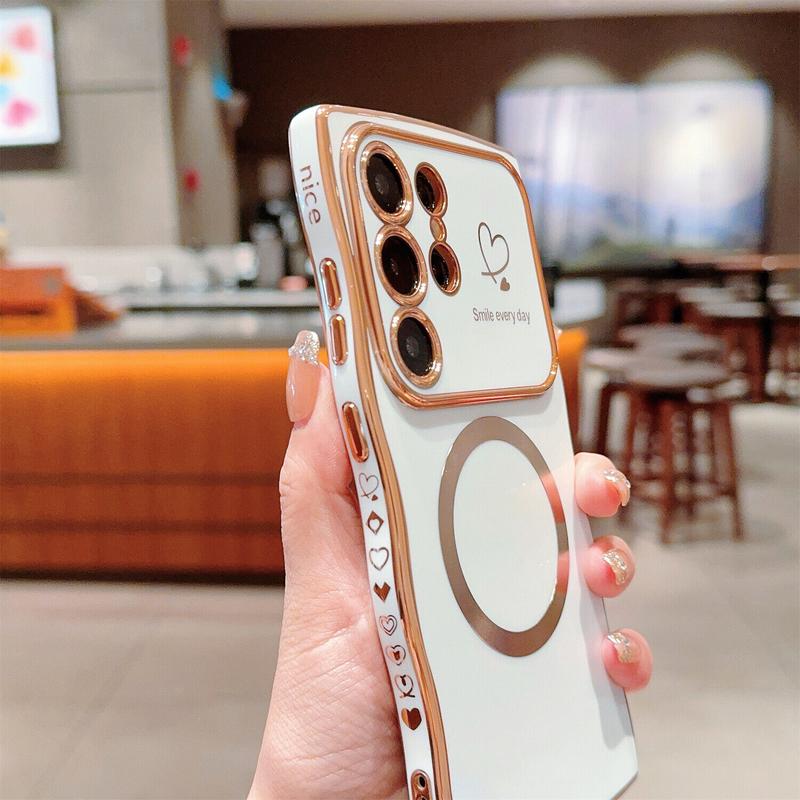 OREKROY【Freeship】Case for Samsung S25 Ultra Plus S24 S23 S22 ,Soft Wave Frame Curly Shape Magnetic Cute Love Heart Plating Phone Case with Raised Camera Lens Protection,Compatible with MagSafe Wireless Charging, Shockproof Back Cover for Women Girls