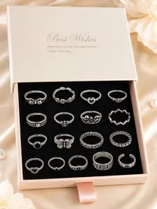 17pcs Bohemian Vintage Rings Set for Women, Silver Color Stackable Statement Rings, Trendy Fashion Jewelry Gift Set，vintage ring set,stackable rings for women,boho jewelry rings,silver tone rings set,fashion rings bulk