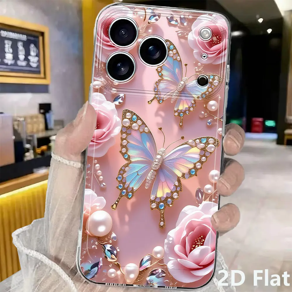 Phone Case - Pink-Toned Jewelry Butterfly and Flower Pattern Phone Case, Compatible with iPhone 17 Pro Max, 16, 15, 14, 13, 12, 17 Series, and XS Max