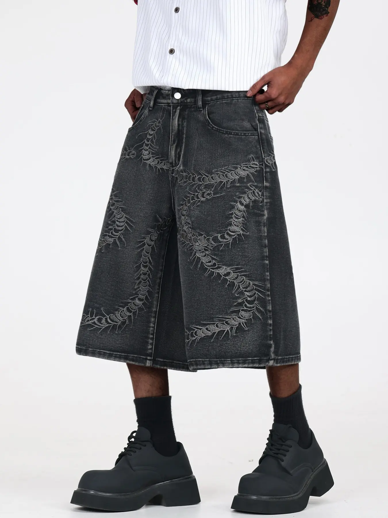 Men's Embroidered Loose Oversize Baggy Jeans Shorts, Dark Wash Vintage Washed Denim, Summer Y2K Street Style, Multiple Sizes Available, No Belt Included