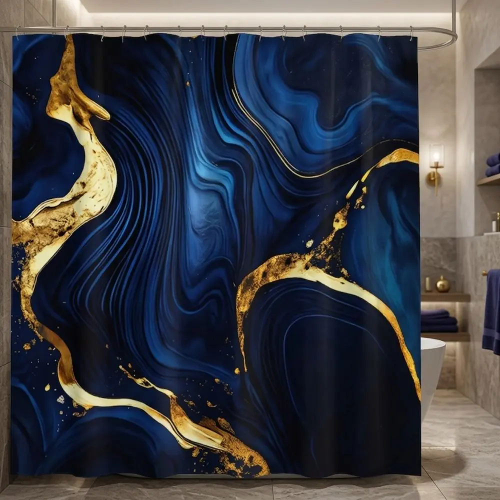 Luxury Abstract Shower Curtain, Deep Blue Marble & Gold Vein Print, Modern Bathroom Decor with Shimmering Flecks, Elegant Artistic Design for Contemporary Spaces, Festive Holiday Gift Idea, Decorative Shower Curtain