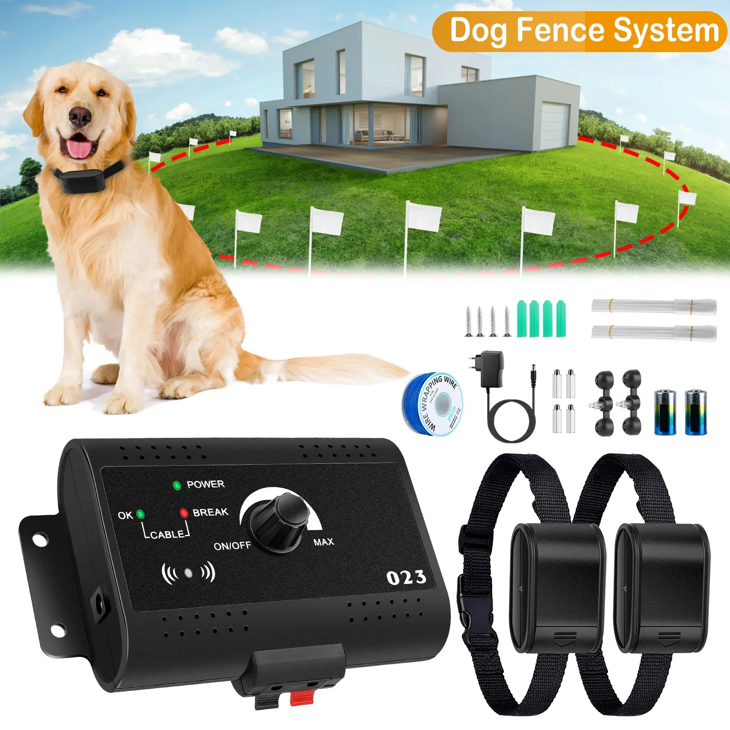 Wireless Electric Dog Fence System Set - Waterproof Training Collar with Tone, Shock Receiver, Pet Containment Boundary for Small, Medium, Large Dogs