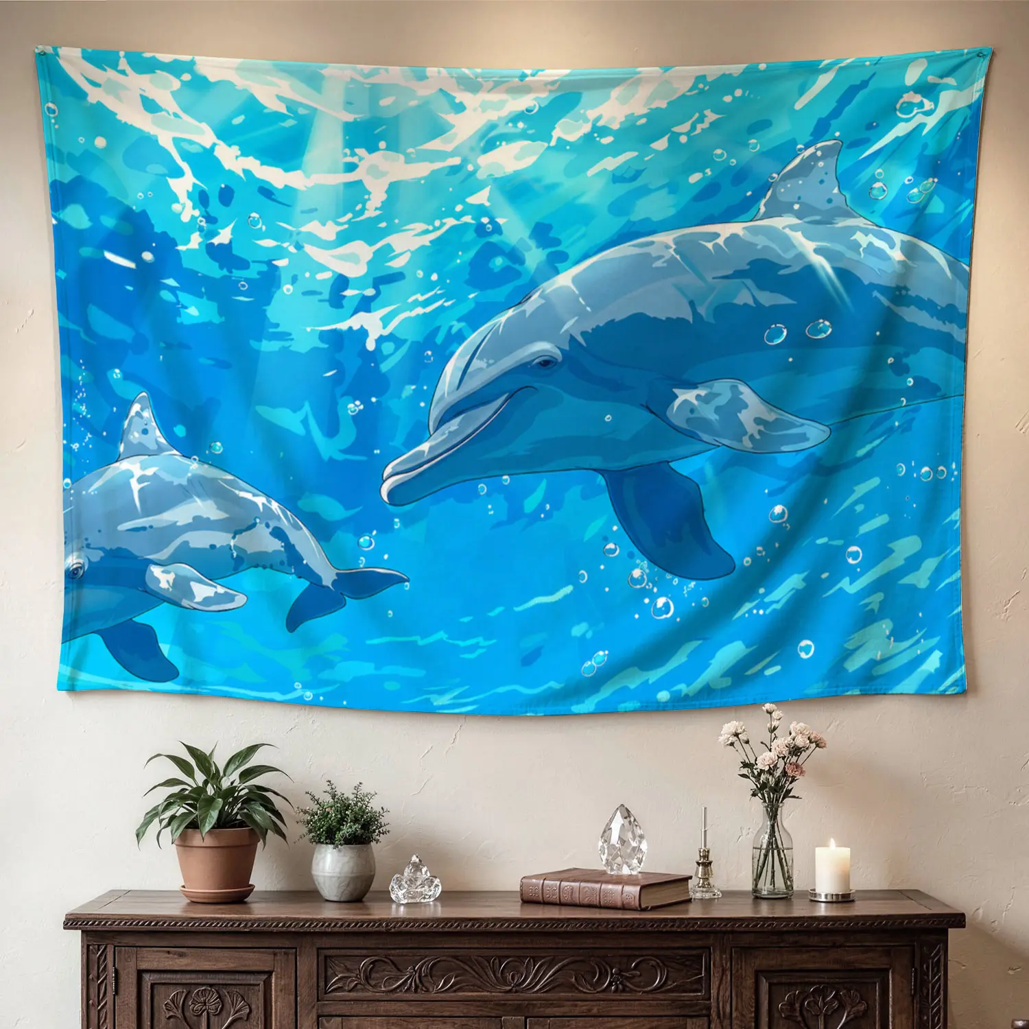 Ocean Blue Underwater Dolphin Tapestry - Large Horizontal High-Def Print Polyester Wall Decor, Multi-Size Colorful Tapestry, No-Installation Indoor-Outdoor Dining Room Home Artwork, Family Holiday Gift, Polyester Fits