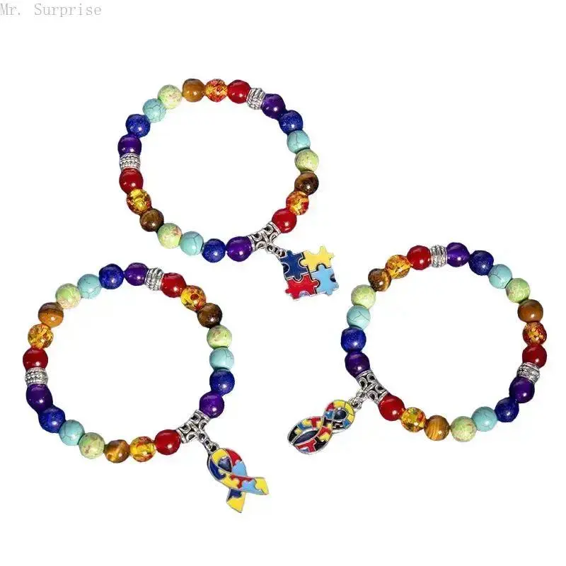 Rainbow Natural Stone Bracelet for Autism Awareness, Unisex Adjustable Stretch Band with Infinity Puzzle Charm, Fits Most Wrists, Adjustable Multi-Color Bracelets & Bangles, Therapists, Elastic Fit, Arm Candy Accessories