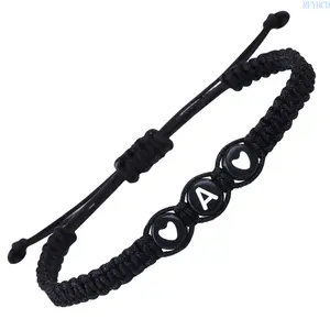 Bulk Wholesale Handmade Braided Bracelets, Black White Double Heart 26 Initial Letters, Couple Matching Adjustable Stackable, Fashion Jewelry for Women Men Teens, Daily Wear Gift
