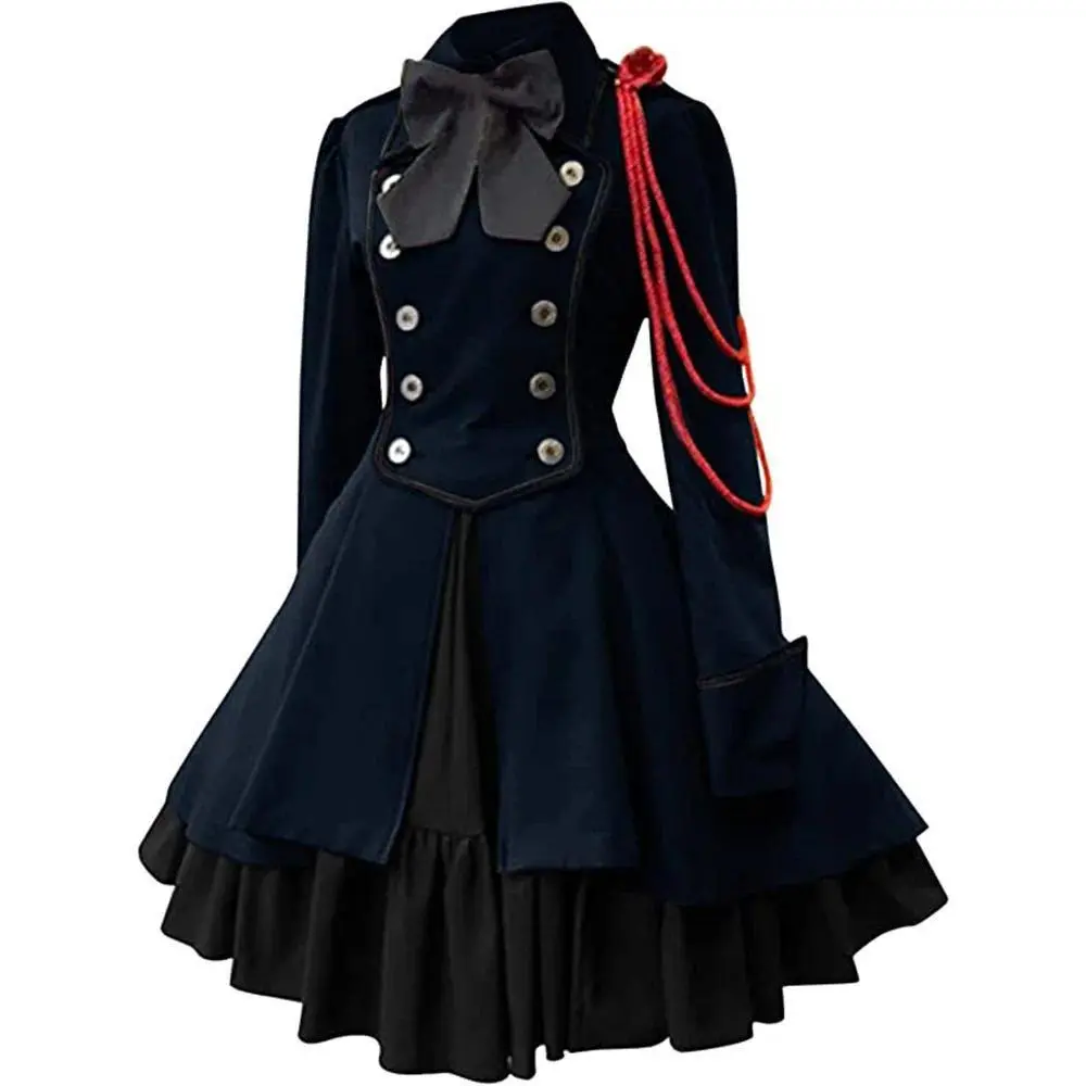 Women's Plus Size 4XL-5XL Black Light Goth Punk Polyester Stage Costume Dress - Elegant Bow Collar, Pleated, Lace-Up, Ruffled Edge, Medieval Retro Princess A-Line Cut, for Cosplay Halloween Costume Use