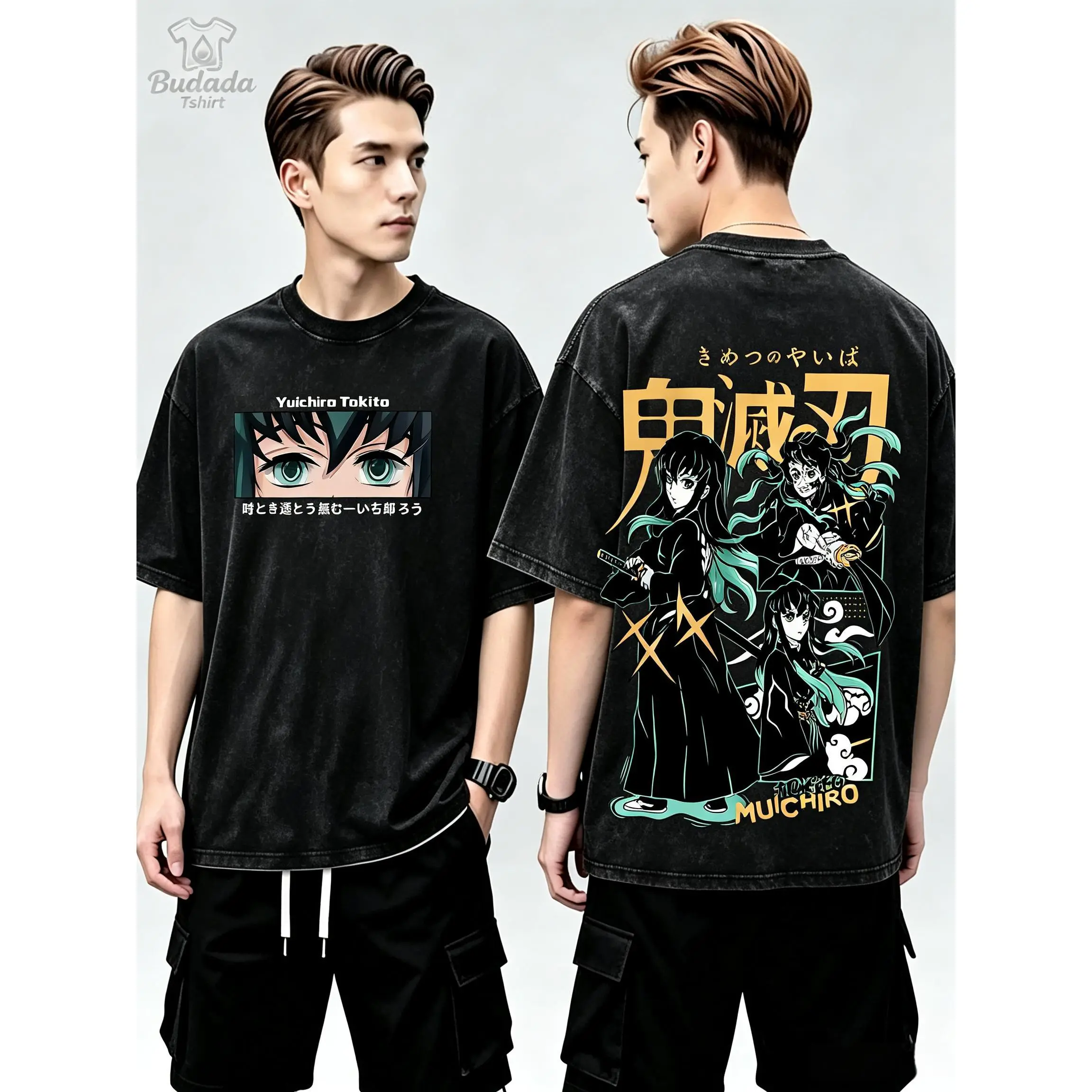 Muichiro Tokito, Kimetsu No Yaiba, Mist Hashira Vintage Acid Washed Oversized T Shirt Unisex Loose Cotton Short Sleeve Retro Distressed Anime Streetwear Grunge Manga Merch Birthday Gift for Demon Slayer Otaku Fans Teen Harajuku Daily Outfit